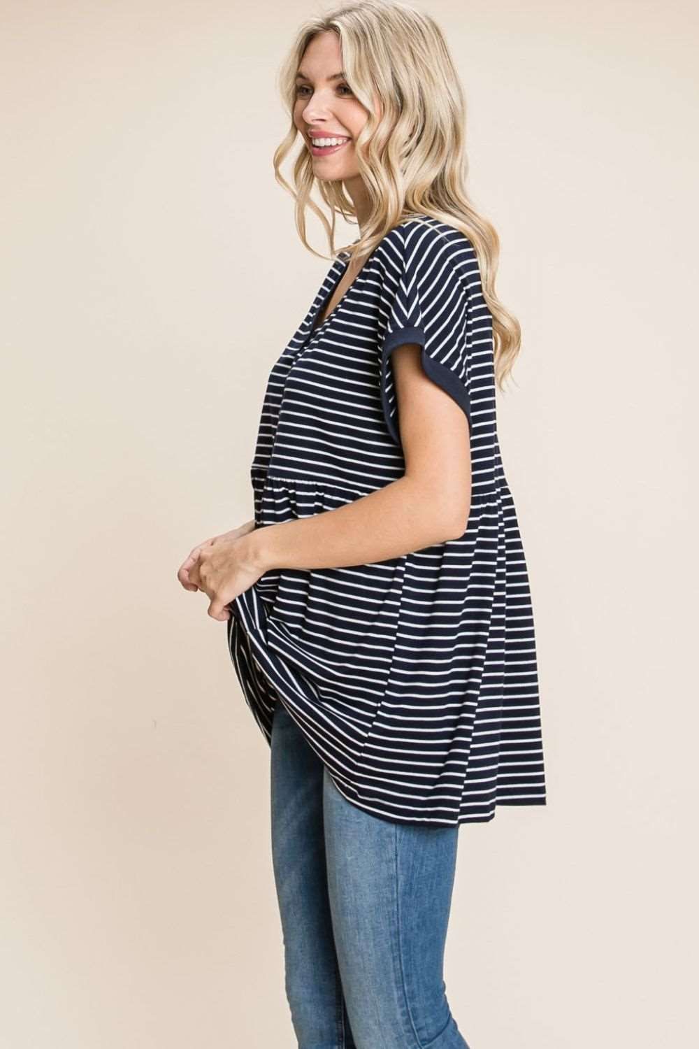 Cotton Bleu by Nu Label Striped Button Front Baby Doll Top us.meeeshop - 