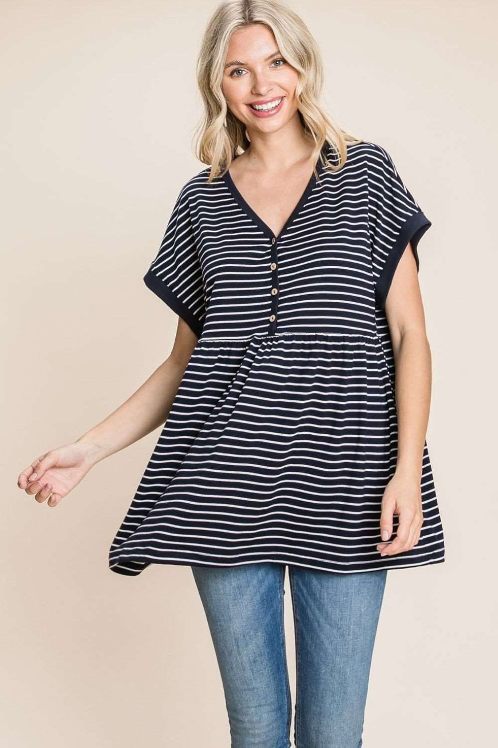 Cotton Bleu by Nu Label Striped Button Front Baby Doll Top us.meeeshop - 