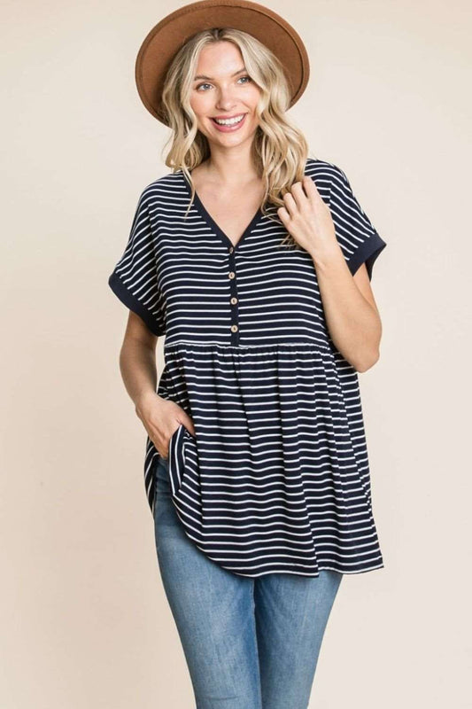 Cotton Bleu by Nu Label Striped Button Front Baby Doll Top us.meeeshop - Shirts & Tops