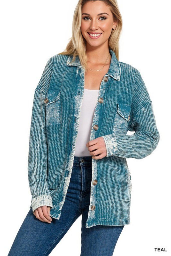 Zenana Cotton Waffle Acid Wash Shacket - us.meeeshop