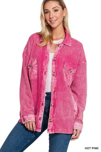 Zenana Cotton Waffle Acid Wash Shacket - us.meeeshop