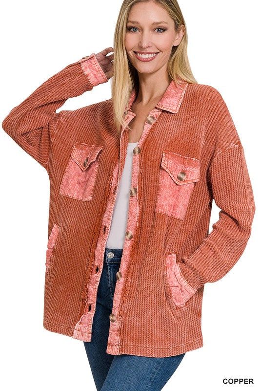 Zenana Cotton Waffle Acid Wash Shacket - us.meeeshop