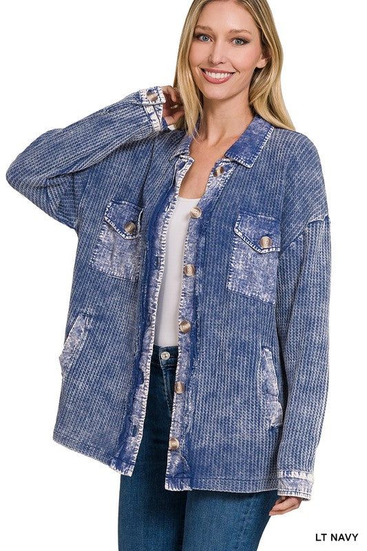 Zenana Cotton Waffle Acid Wash Shacket - us.meeeshop