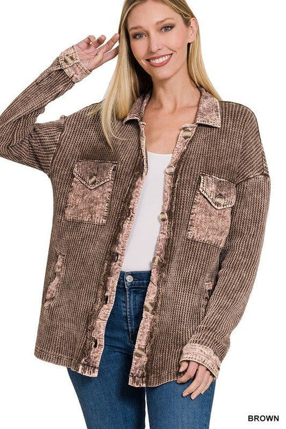 Zenana Cotton Waffle Acid Wash Shacket - us.meeeshop