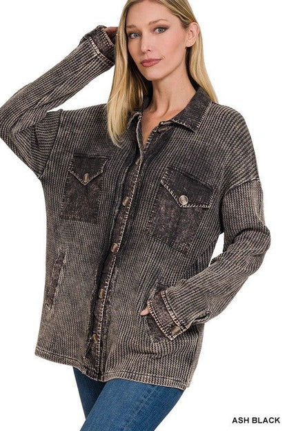 Zenana Cotton Waffle Acid Wash Shacket - us.meeeshop