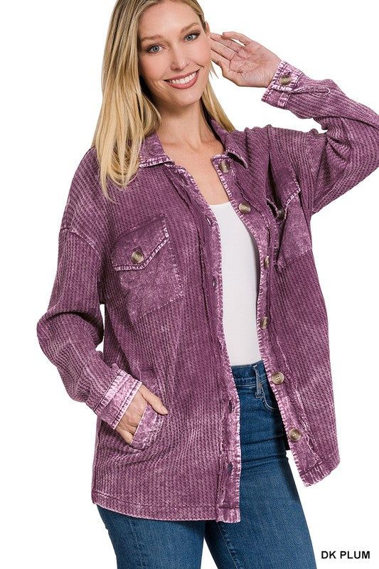 Zenana Cotton Waffle Acid Wash Shacket - us.meeeshop