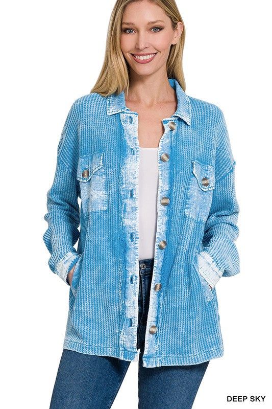 Zenana Cotton Waffle Acid Wash Shacket - us.meeeshop