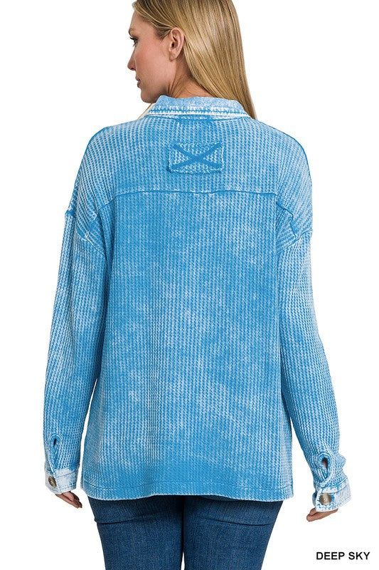 Zenana Cotton Waffle Acid Wash Shacket - us.meeeshop