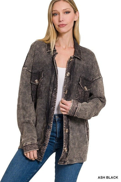 Zenana Cotton Waffle Acid Wash Shacket - us.meeeshop