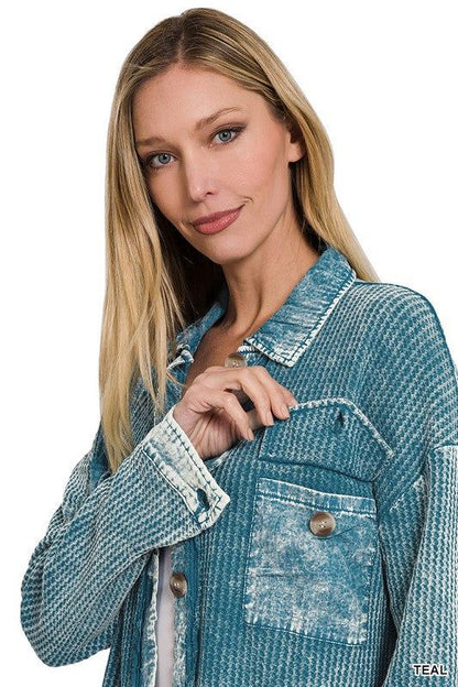 Zenana Cotton Waffle Acid Wash Shacket - us.meeeshop