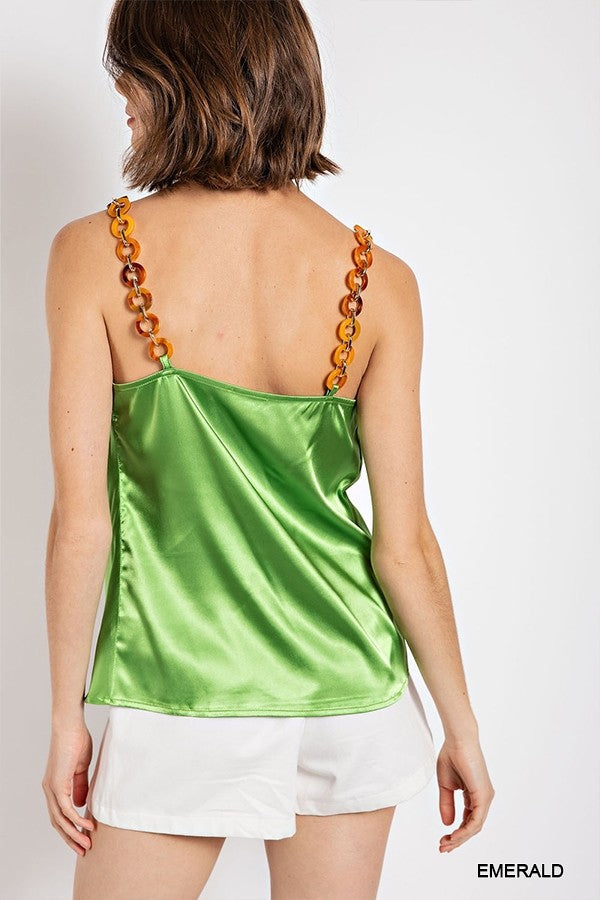 Cowl neck satin camisole with chain strap In Emerald | us.meeeshop