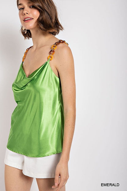 Cowl neck satin camisole with chain strap In Emerald | us.meeeshop
