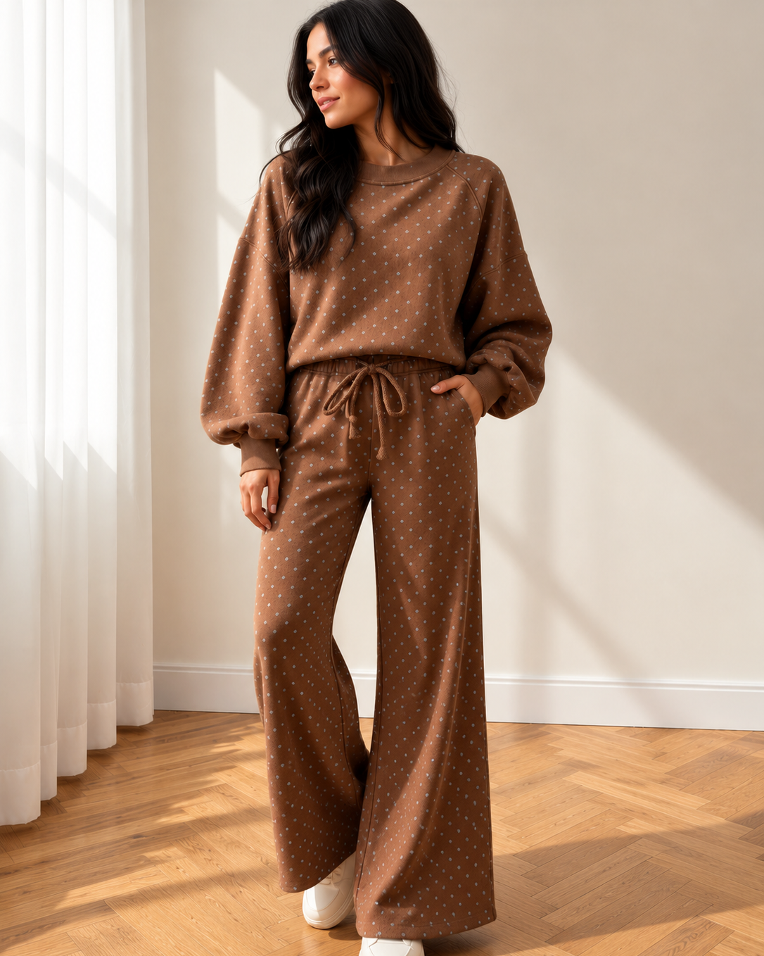 Jane Polka Dot Drawstring Wide Leg Long Sleeve Top Pant Set