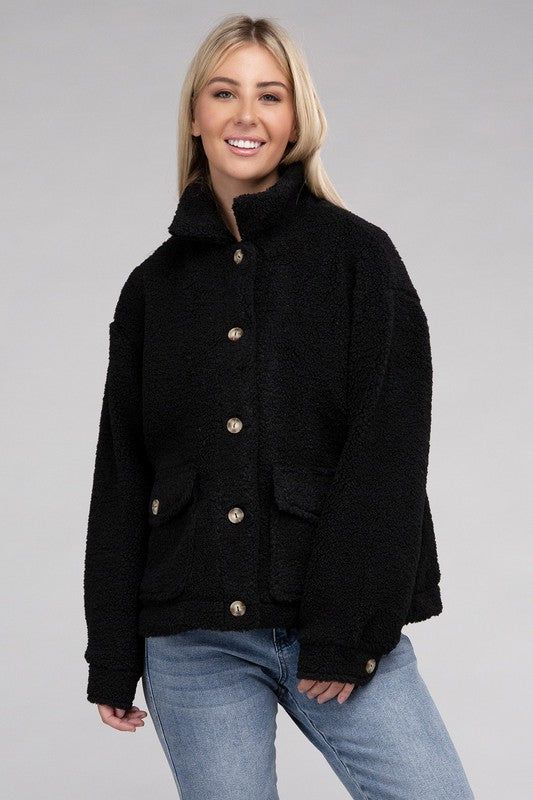 Cozy Sherpa Button-Front Jacket - us.meeeshop