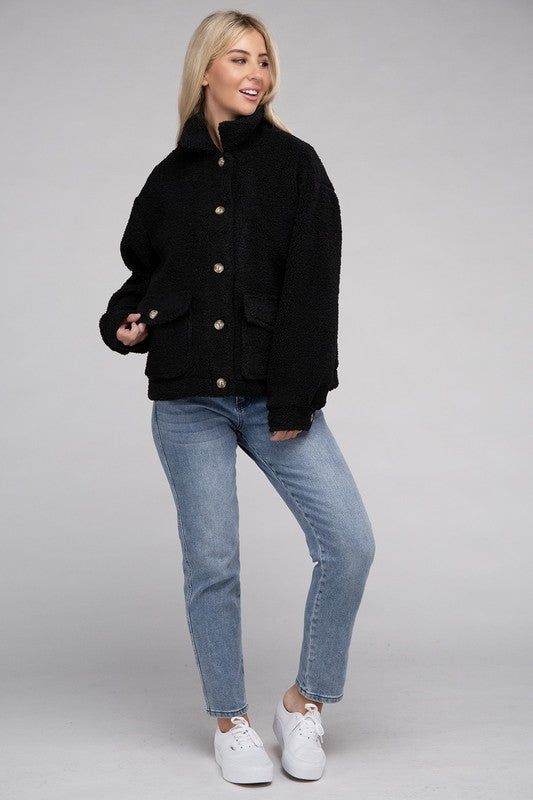 Cozy Sherpa Button-Front Jacket - us.meeeshop