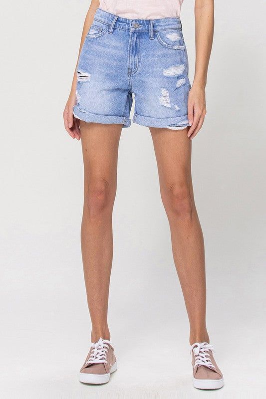 VERVET Distressed Boyfriend Shorts W/Cuffs - us.meeeshop