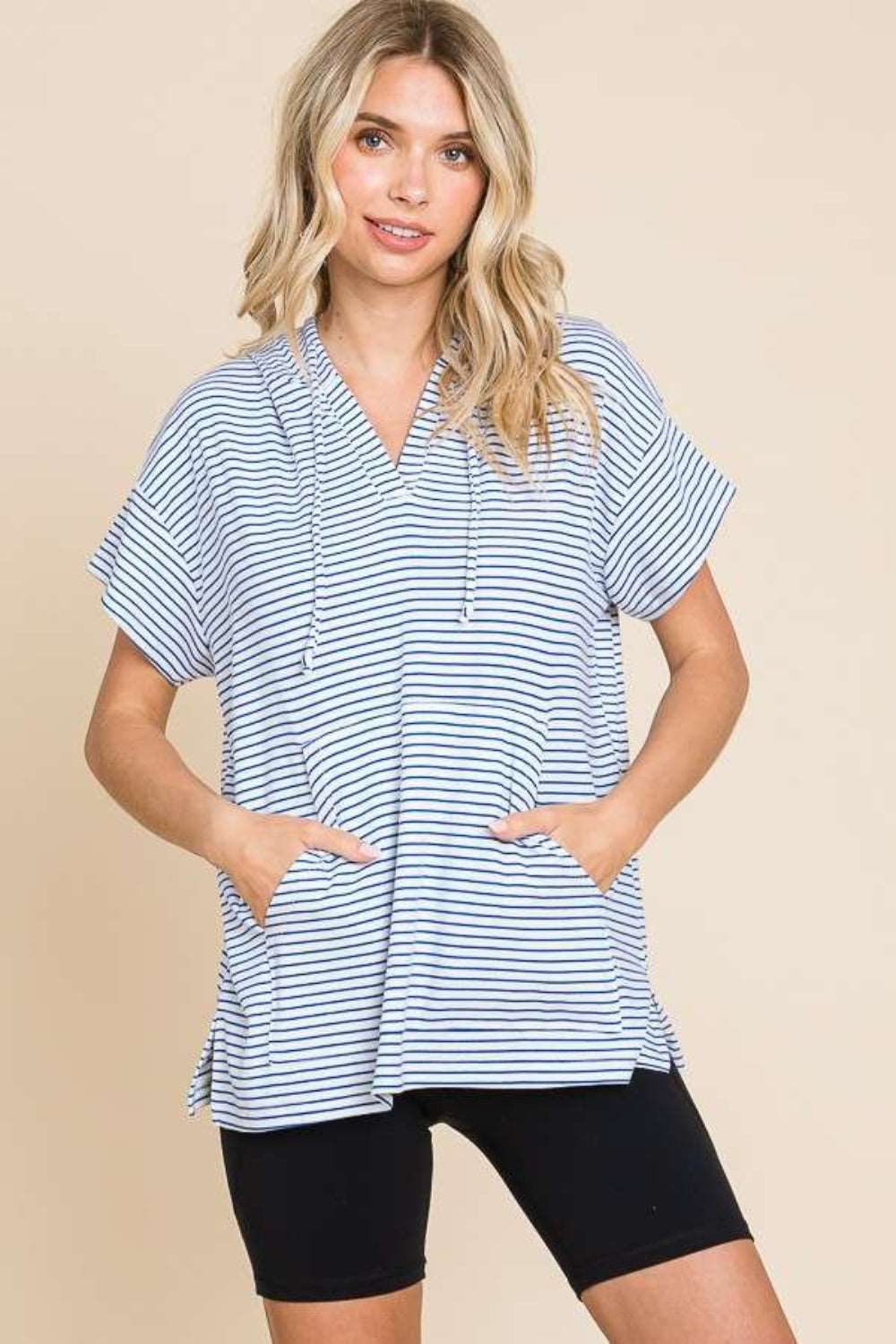 Culture Code Full Size Striped Short Sleeve Hooded Top In Blue us.meeeshop - Shirts & Tops