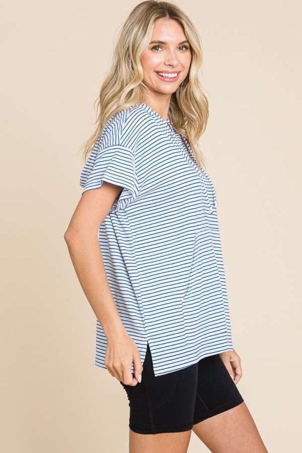 Culture Code Full Size Striped Short Sleeve Hooded Top In Blue us.meeeshop - 