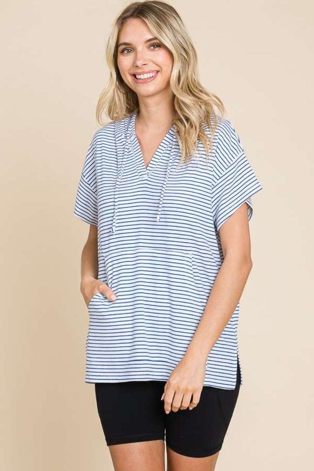 Culture Code Full Size Striped Short Sleeve Hooded Top In Blue us.meeeshop - 