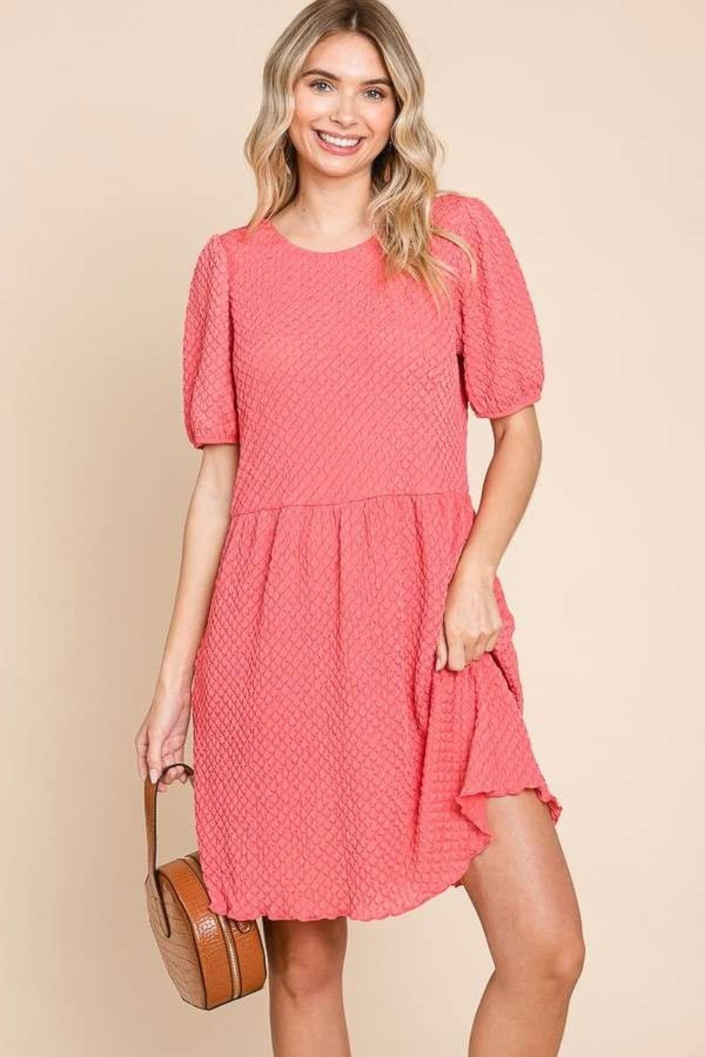 Culture Code Full Size Textured Round Neck Puff Sleeve Dress us.meeeshop - Dresses