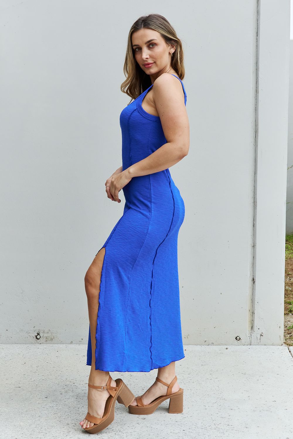 Culture Code | Look At Me Full Size Notch Neck Maxi Dress with Slit in Cobalt Blue | us.meeeshop