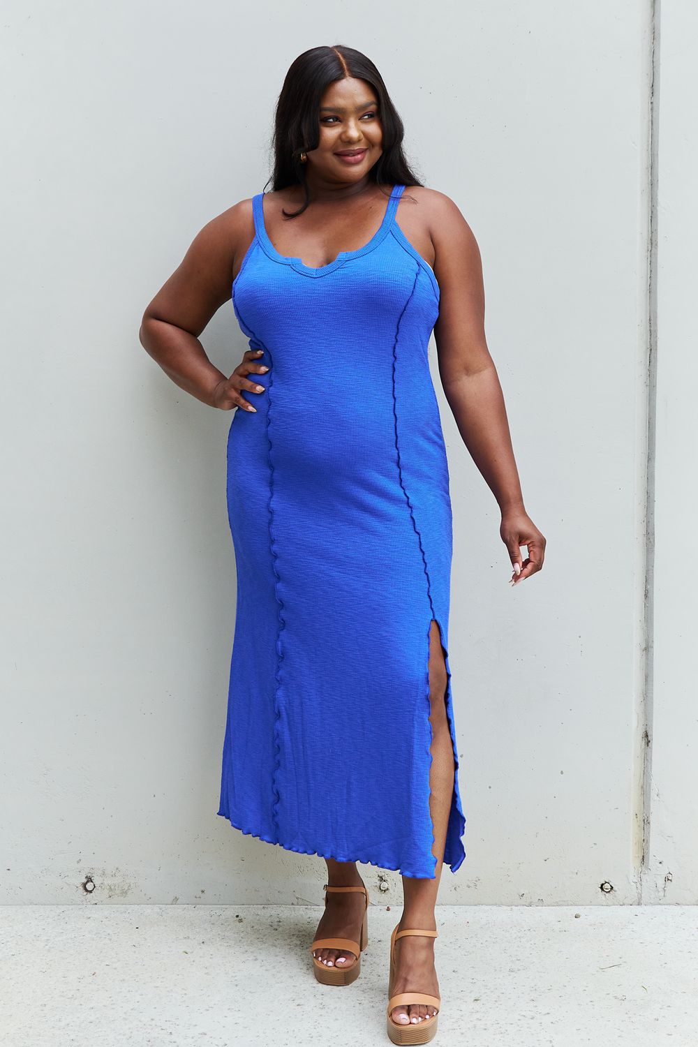 Culture Code | Look At Me Full Size Notch Neck Maxi Dress with Slit in Cobalt Blue | us.meeeshop