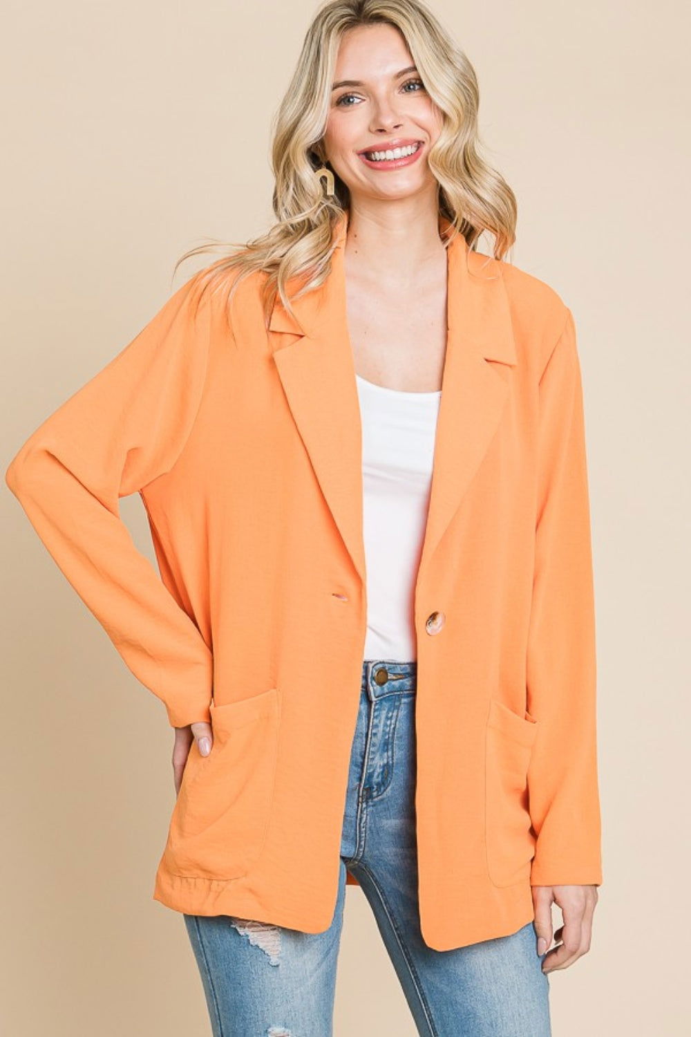 Culture Code One Button Long Sleeve Blazer with Pockets us.meeeshop - 