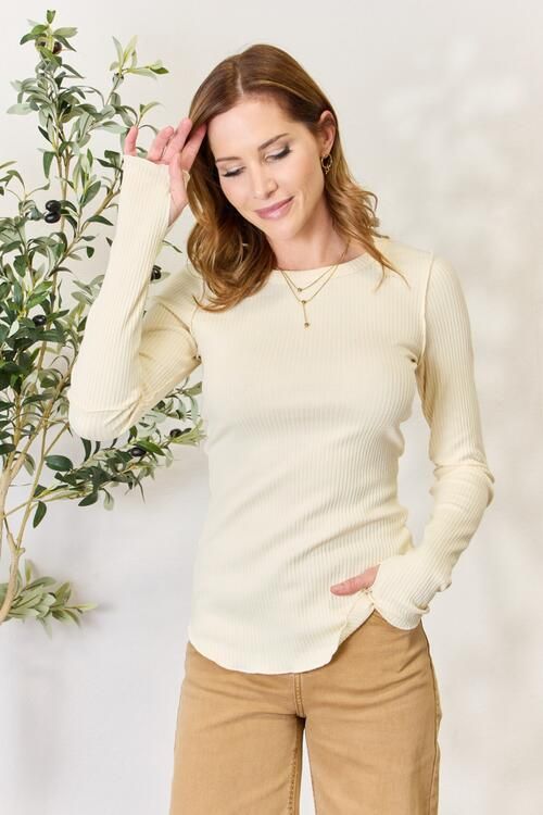 Culture Code Ribbed Round Neck Long Sleeve Top us.meeeshop - 