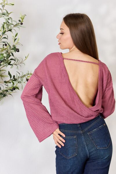 Culture Code Waffle-Knit Round Neck Long Sleeve Blouse | us.meeeshop
