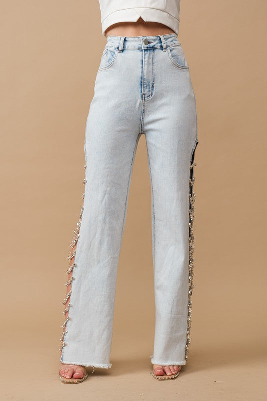 Cut Out At Side w/ Jewel Trim Stretch Denim Jeans | us.meeeshop