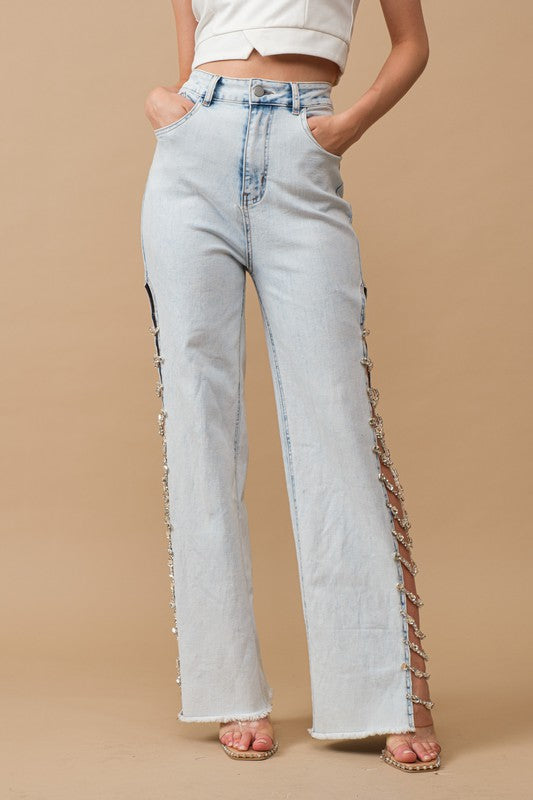 Cut Out At Side w/ Jewel Trim Stretch Denim Jeans | us.meeeshop