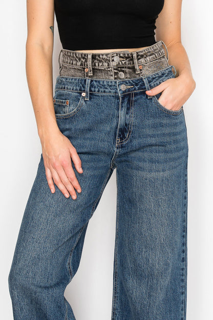 double snap waistband Double Snap on Waistband Layered Ultra High Rise Wide Jeans view 18 (bottom) - shop at us.meeeshop