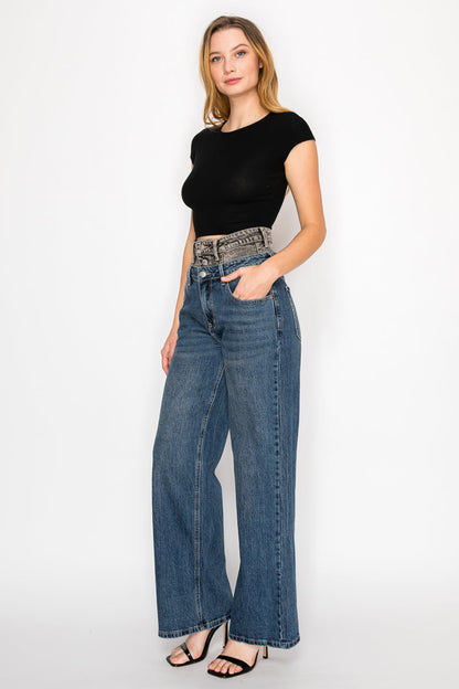 double snap waistband Double Snap on Waistband Layered Ultra High Rise Wide Jeans view 19 (bottom) - shop at us.meeeshop