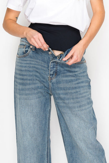 adjustable hem knit Adjustable Hem Knit Band Wide Leg Jeans view 18 (bottom) - shop at us.meeeshop