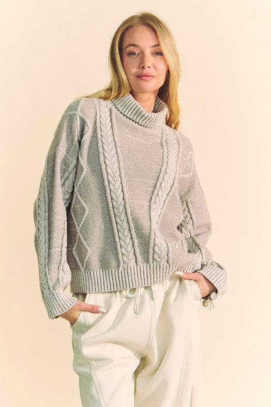 Davi & Dani Cable-Knit Turtleneck Dropped Shoulder Sweater us.meeeshop - Shirts & Tops