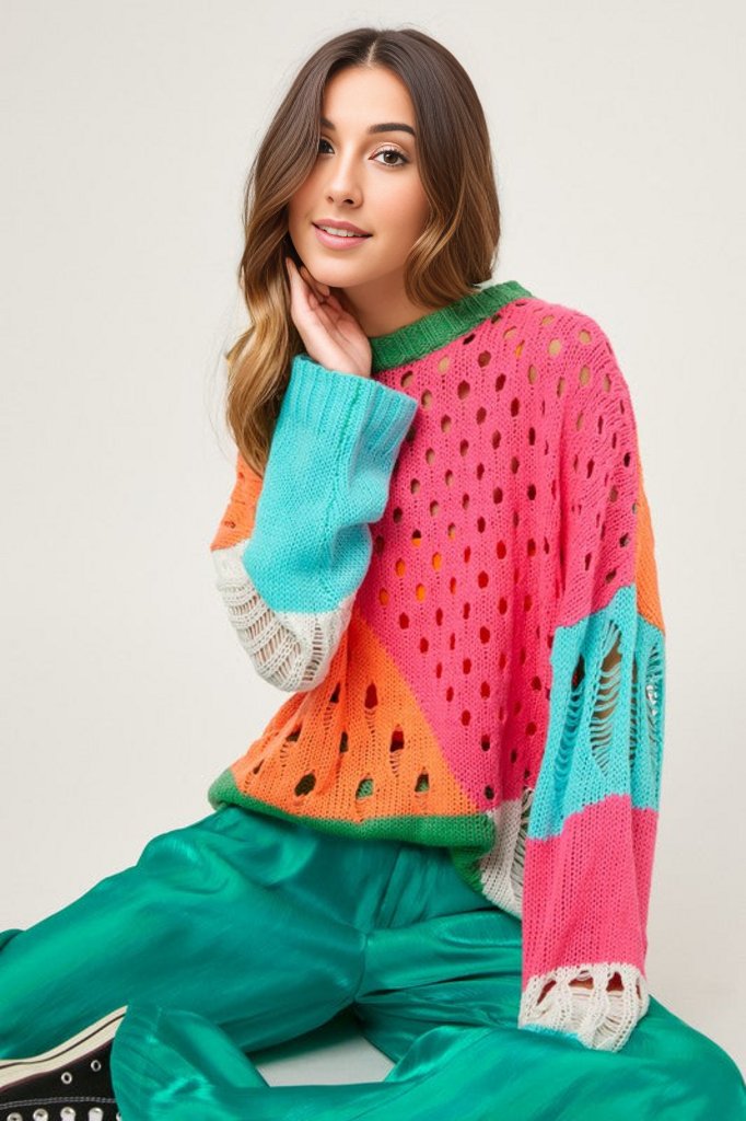 Davi & Dani | Color Block Distressed Detail Pullover Sweater | us.meeeshop
