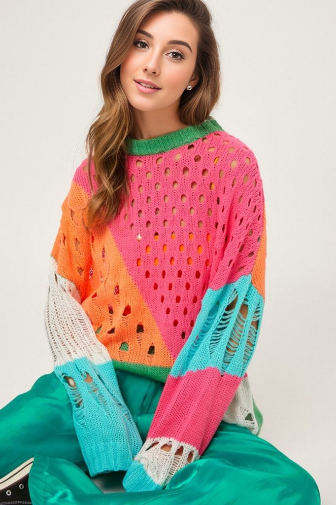 Davi & Dani | Color Block Distressed Detail Pullover Sweater | us.meeeshop