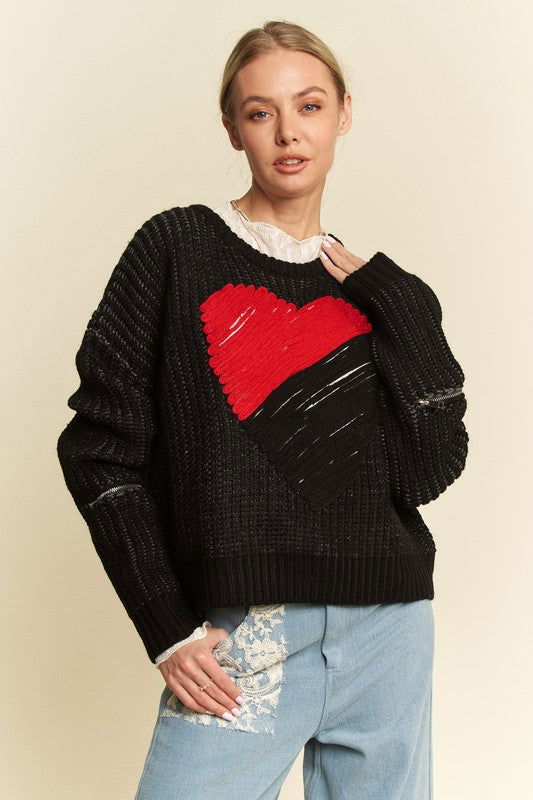 Davi & Dani Contrast Heart Dropped Shoulder Sweater us.meeeshop - Shirts & Tops