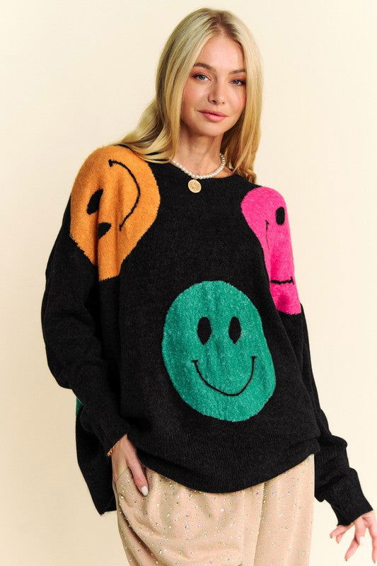 Davi & Dani Contrast Smile Round Neck Oversize Sweater us.meeeshop - Shirts & Tops