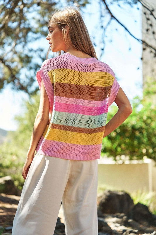 Davi & Dani Crochet Multi Striped Pullover Knit Sweater Vest us.meeeshop - 