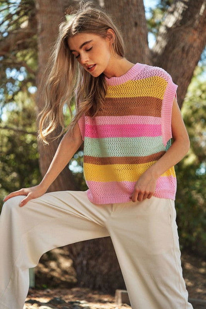 Davi & Dani Crochet Multi Striped Pullover Knit Sweater Vest us.meeeshop - 