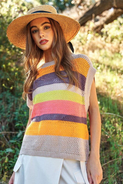 Davi & Dani Crochet Multi Striped Pullover Knit Sweater Vest us.meeeshop - 