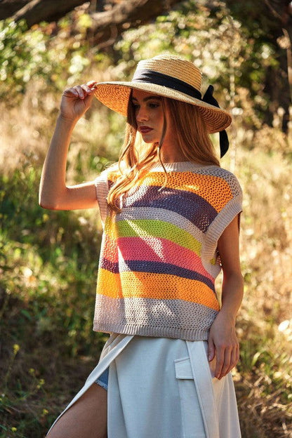 Davi & Dani Crochet Multi Striped Pullover Knit Sweater Vest us.meeeshop - 