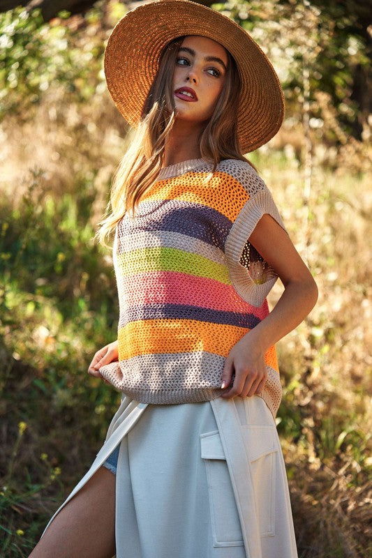 Davi & Dani Crochet Multi Striped Pullover Knit Sweater Vest us.meeeshop - 