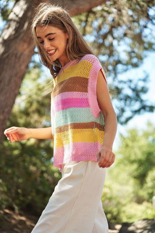 Davi & Dani Crochet Multi Striped Pullover Knit Sweater Vest us.meeeshop - 