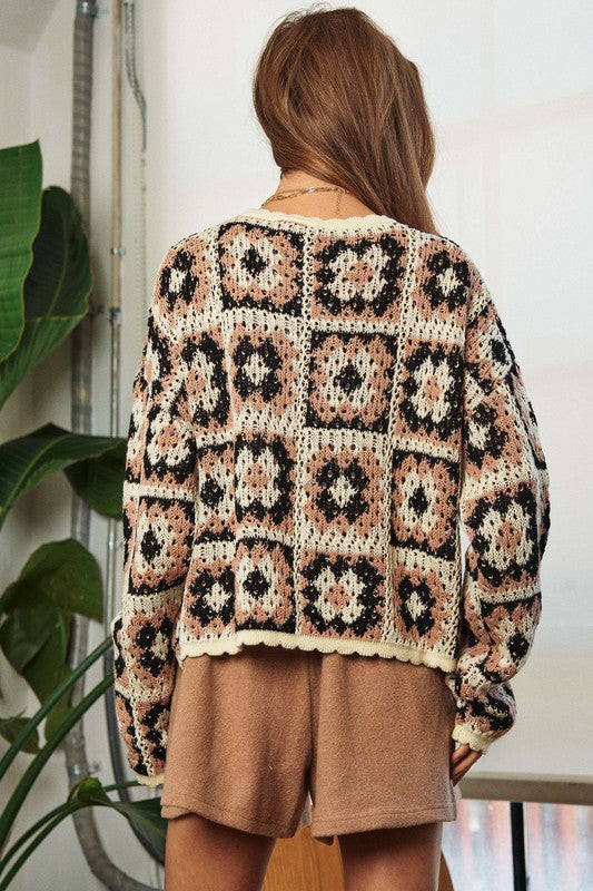 Davi & Dani Crochet Patchwork Round Neck Pullover Sweater Top | us.meeeshop