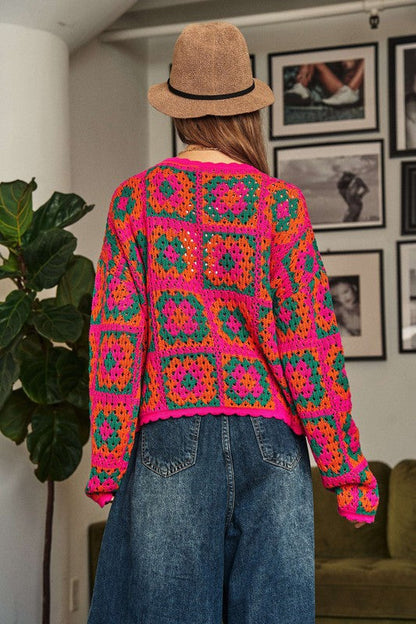 Davi & Dani Crochet Patchwork Round Neck Pullover Sweater Top | us.meeeshop