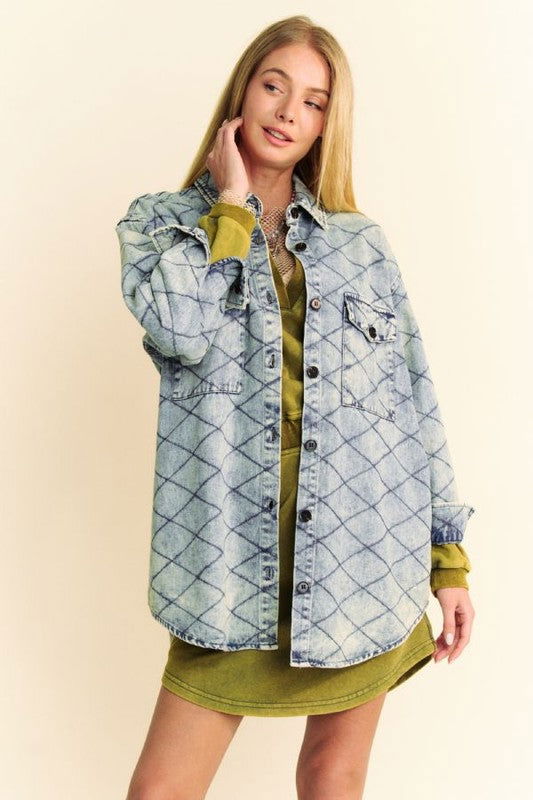 Davi & Dani Curved Hem Diamond Quilted Button Up Denim Shacket In Blue us.meeeshop - Coats & Jackets