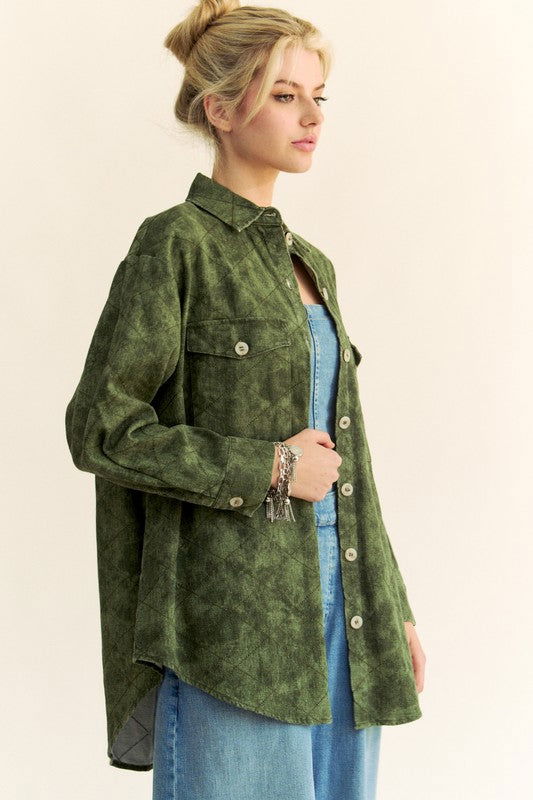 Davi & Dani Curved Hem Diamond Quilted Button Up Denim Shacket In Green us.meeeshop - 