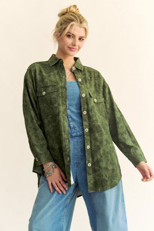 Davi & Dani Curved Hem Diamond Quilted Button Up Denim Shacket In Green us.meeeshop - 